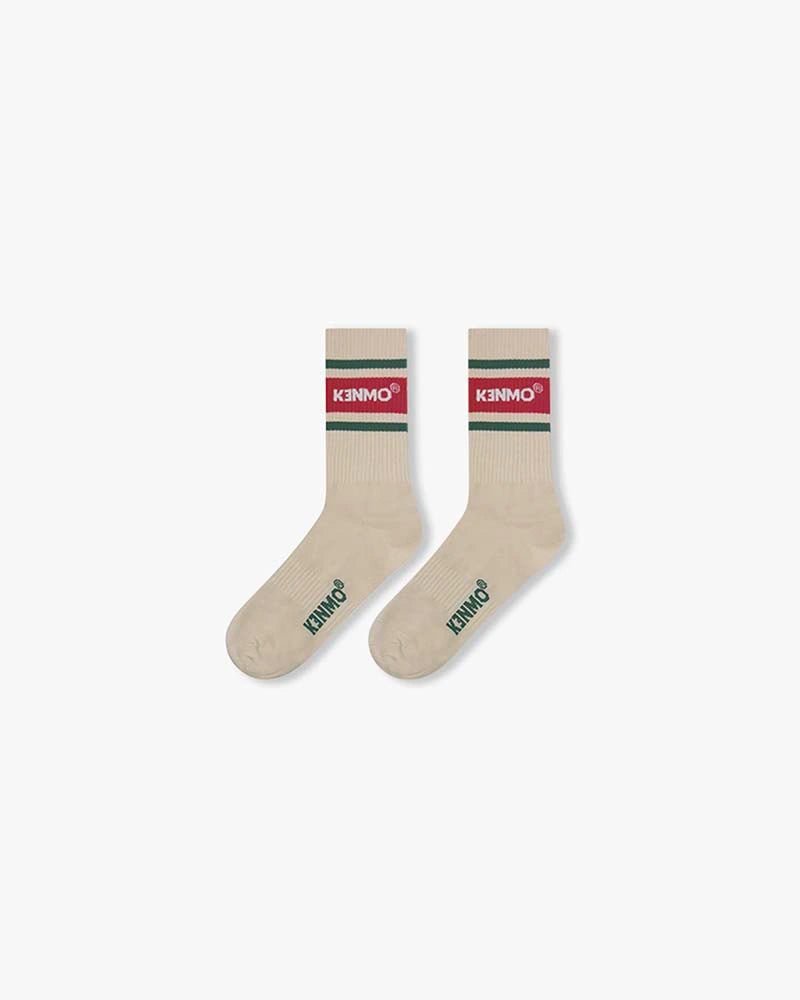 White Retro Socks – Red Stripe with Kenmo Logo & Green Accent Lines - Kenmo®