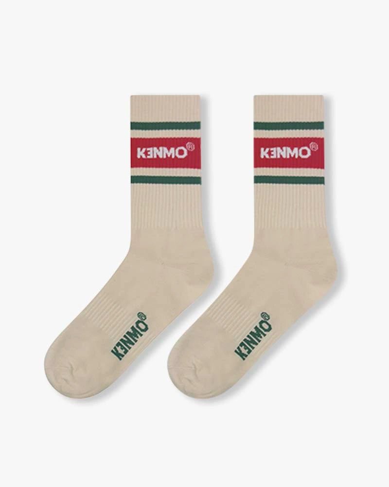 White Retro Socks – Red Stripe with Kenmo Logo & Green Accent Lines - Kenmo®