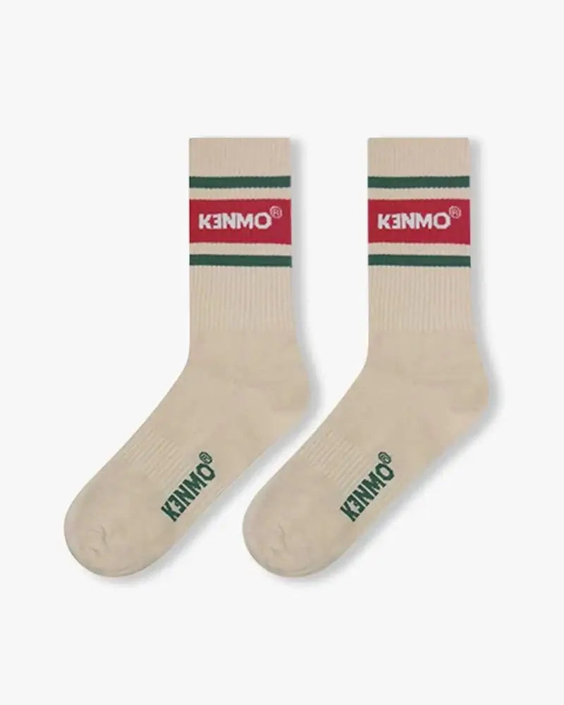 White Retro Socks – Red Stripe with Kenmo Logo & Green Accent Lines - Kenmo®