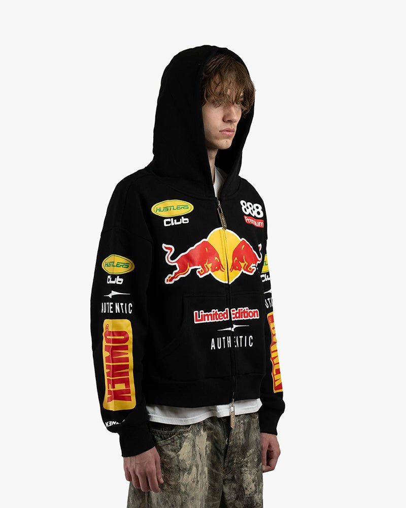 Hustler Club Biker Zip Up Cropped Hoodie : Black - Kenmo®