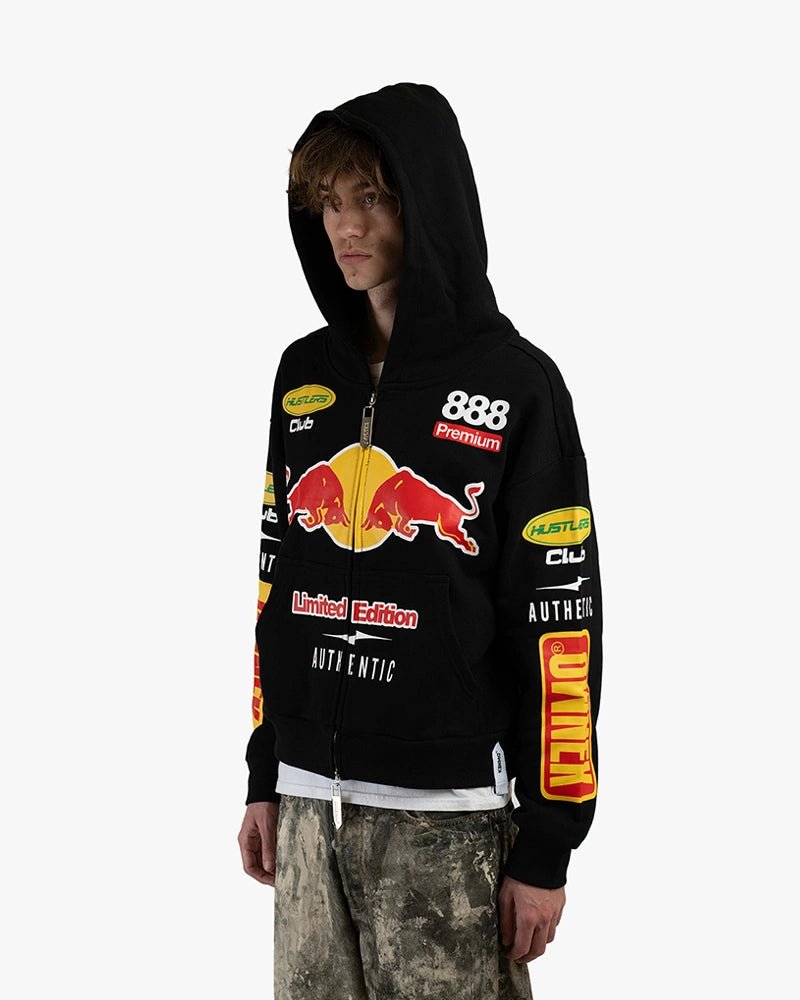 Hustler Club Biker Zip Up Cropped Hoodie : Black - Kenmo®
