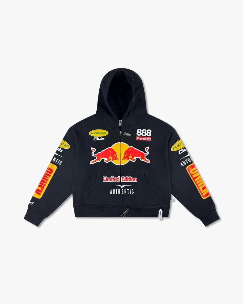 Hustler Club Biker Zip Up Cropped Hoodie : Black - Kenmo®