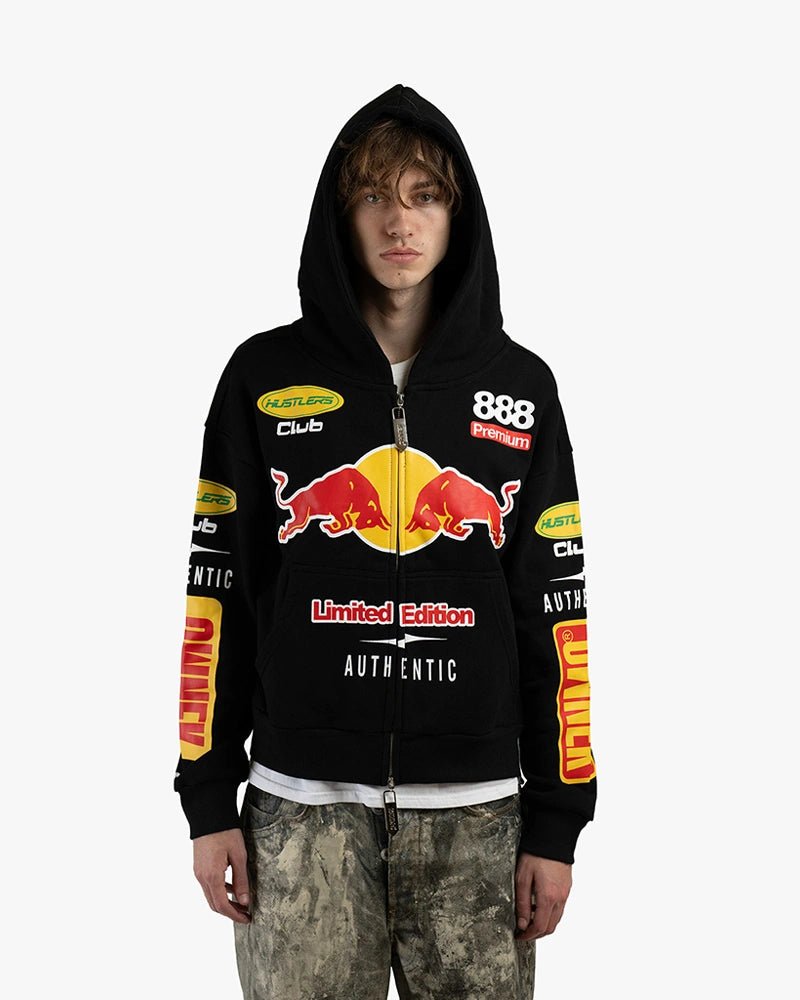 Hustler Club Biker Zip Up Cropped Hoodie : Black - Kenmo®
