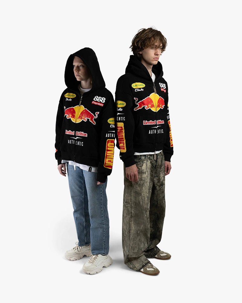 Hustler Club Biker Zip Up Cropped Hoodie : Black - Kenmo®